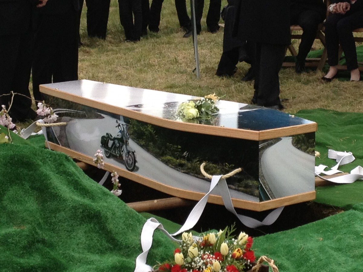 Personalised coffin with motorcycle from Respect funeral services.