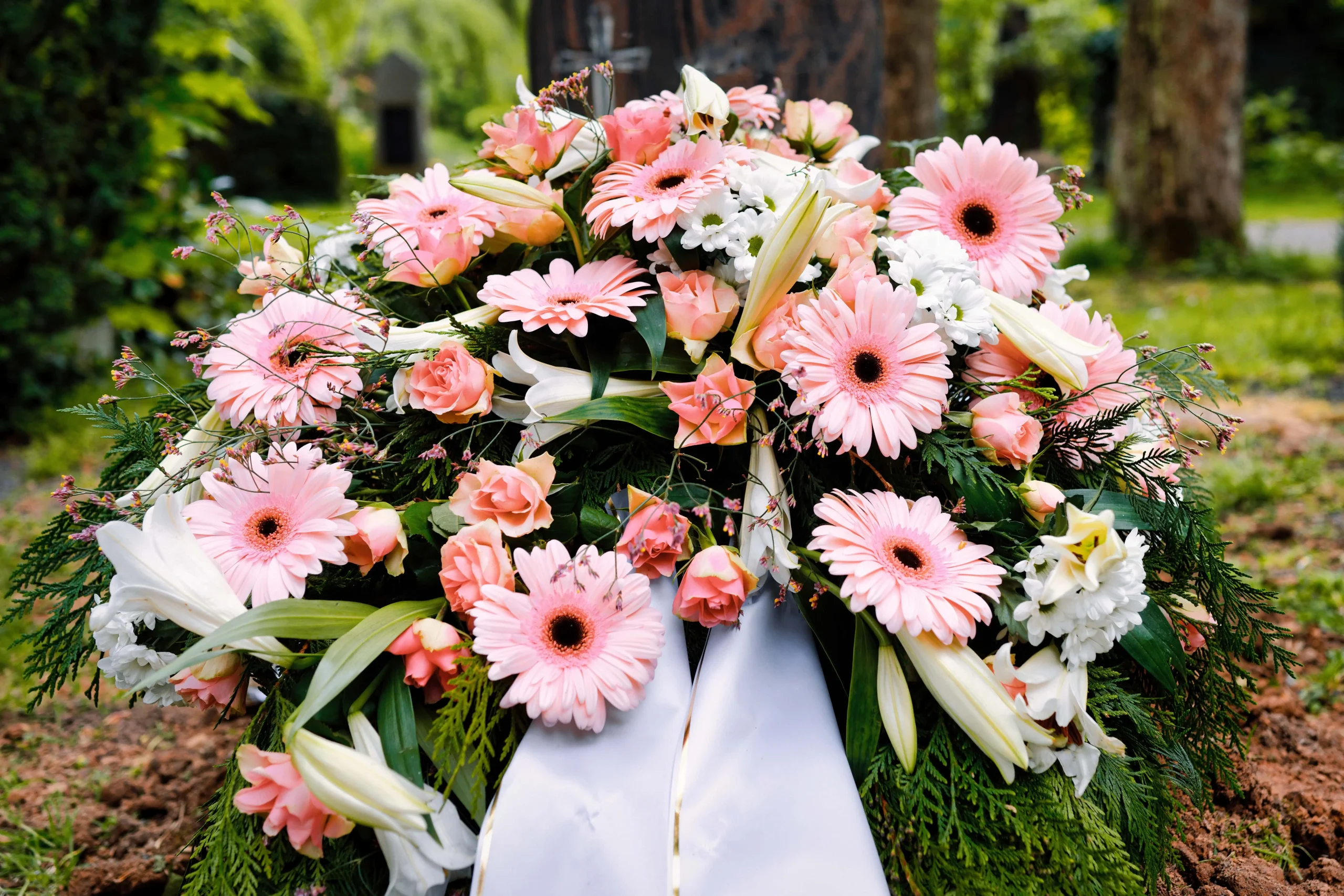 Beautiful pink funeral flower arrangements at Respect