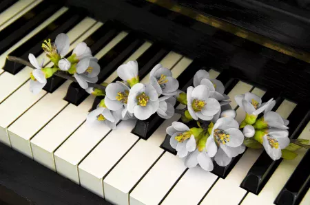 Piano with condolence flowers to play 40 most popular funeral songs.